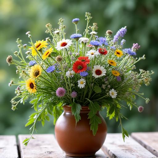 Composizione floreale in stile campo con fiori selvatici e erbe aromatiche